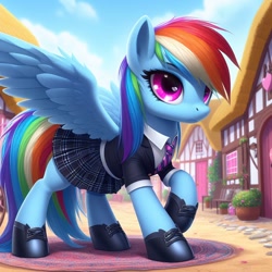 Size: 1024x1024 | Tagged: safe, imported from ponybooru, rainbow dash, pegasus, pony, ai content, ai generated, bing, clothed ponies, clothes, female, hoof boots, mare, ponyville, rainbow dash is not amused, skirt, solo, unamused