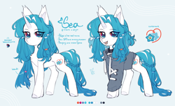 Size: 4755x2885 | Tagged: safe, artist:monphys, imported from derpibooru, oc, hybrid, pony, unicorn, beauty mark, big ears, braid, braided tail, chest fluff, closed mouth, clothed ponies, clothes, collar, color palette, concave belly, cute, cute little fangs, design, ear tufts, fangs, female, heterochromia, hoodie, hooves, horn, light blue background, mare, multicolored eyes, open mouth, quadrupedal, reference, reference sheet, simple background, solo, standing, sweater, tail, unicorn oc