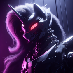 Size: 4096x4096 | Tagged: safe, imported from derpibooru, princess celestia, alicorn, anthro, cyber pony, cyborg, robot, ai content, ai generated, armor, cyberpunk 2077, ears up, female, future, futuristic, g4, generator:dall-e 3, neon, prompter:rektpay, red eyes, roboticization, simple background, smiling, solo