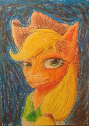 Size: 2564x3633 | Tagged: safe, artist:bruttas46, imported from derpibooru, applejack, earth pony, pony, bust, clothes, cowboy hat, ear fluff, female, fine art parody, g4, hat, mare, pastel, photo, portrait, traditional art, vincent van gogh