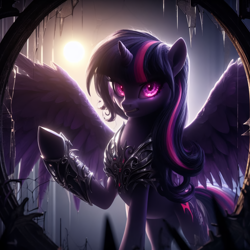 Size: 4096x4096 | Tagged: safe, imported from derpibooru, twilight sparkle, alicorn, pony, ai content, ai generated, angry, broken mirror, ears up, female, g4, generator:dall-e 3, light, mare, mirror, prompter:rektpay, raised hoof, solo, spread wings, twilight sparkle (alicorn), wings