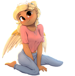 Size: 3351x3389 | Tagged: safe, artist:potato22, imported from derpibooru, oc, oc only, oc:mareota, anthro, pegasus, plantigrade anthro, barefoot, blushing, breasts, clothes, denim, feet, female, high res, jeans, looking at you, mare, missing shoes, pants, simple background, smiling, smiling at you, solo, transparent background