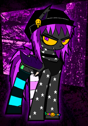 Size: 1004x1440 | Tagged: safe, artist:xxv4mp_g4z3rxx, imported from derpibooru, oc, oc:spaced out, bat pony, pony, beanie, choker, clothes, colored sclera, eyeshadow, fangs, hat, kandi bracelet, looking at you, makeup, piercing, purple eyes, smiley face, smug, socks, solo, striped socks, tanktop, yellow sclera