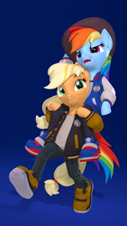 Size: 2160x3840 | Tagged: safe, artist:owlpirate, imported from derpibooru, applejack, rainbow dash, earth pony, pegasus, semi-anthro, 3d, 4k, accessory swap, applejack's hat, arm hooves, clothes, cowboy hat, duo, female, g4, gradient background, hat, high res, jacket, mare, open mouth, open smile, piggyback ride, shoes, smiling, sneakers, source filmmaker