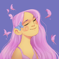 Size: 2000x2000 | Tagged: safe, artist:leynoo, imported from derpibooru, fluttershy, butterfly, human, blue background, blush scribble, blushing, bust, eyes closed, female, g4, high res, humanized, pony coloring, simple background, smiling, solo