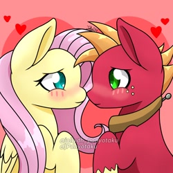 Size: 1800x1800 | Tagged: safe, artist:jponyotaku, imported from derpibooru, big macintosh, fluttershy, earth pony, pegasus, pony, blushing, female, heart, heart background, looking at each other, looking at someone, looking into each others eyes, male, mare, ship:fluttermac, shipping, stallion, straight