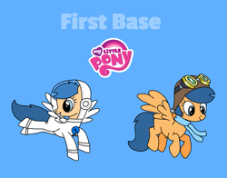 Size: 1777x1391 | Tagged: safe, artist:maggiethenuggetpony68, imported from derpibooru, first base, pegasus, pony, adorabase, astronaut, astronaut first base, aviator goggles, aviator hat, blue background, blue text, clothes, colored, costume, cute, female, g4, goggles, halloween, halloween costume, hat, helmet, holiday, logo, mare, my little pony logo, older, older first base, pegasus first base, pilot, pilot first base, race swap, scarf, shoes, simple background, space helmet, spacesuit, text