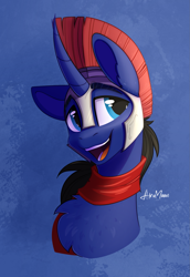 Size: 1219x1770 | Tagged: safe, artist:alrumoon_art, imported from derpibooru, oc, oc:night reader, bat pony, unicorn, fanfic:the centurion project, clothes, helmet, scarf, smiling