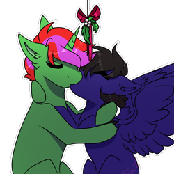 Size: 768x768 | Tagged: safe, artist:fluffyghost, imported from derpibooru, oc, oc:book binder, oc:night flash, pegasus, unicorn, fanfic:the centurion project, kissing, mistletoe