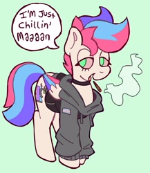 Size: 2500x2878 | Tagged: safe, artist:catponything, imported from derpibooru, oc, oc:pedals, pegasus, choker, clothes, commission, dialogue, drug use, drugs, high, hoodie, nonbinary, pride, pride flag, smoking, solo, transgender, transgender pride flag, ych result