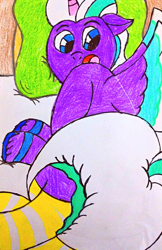 Size: 2129x3277 | Tagged: safe, artist:bitter sweetness, imported from derpibooru, opaline arcana, unicorn, abdl, adult foal, bed, clothes, diaper, diaper butt, diaper fetish, fetish, g5, lying down, lying on bed, mattress, my little pony: a new generation, my little pony: make your mark, my little pony: tell your tale, non-baby in diaper, on bed, pillow, socks, striped socks, traditional art