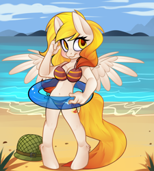 Size: 1800x2000 | Tagged: safe, imported from derpibooru, oc, oc:starfyre, anthro, pegasus, anthro oc, beach, bikini, clothes, cloud, helmet, island, ocean, sky, swimsuit, water