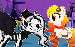 Size: 3100x1975 | Tagged: safe, imported from derpibooru, oc, oc:starfyre, alicorn, pegasus, bag, bowtie, choker, clothes, goggles, hat, night, nightmare night, ponyville, saddle bag, socks, startled, top hat