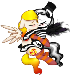 Size: 972x1034 | Tagged: artist needed, source needed, safe, imported from derpibooru, oc, oc:starfyre, alicorn, pegasus, clothes, female, hat, hug, kissing, lesbian, mare, simple background, socks, top hat, white background