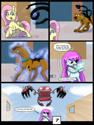 Size: 6000x8000 | Tagged: safe, artist:chedx, imported from derpibooru, fluttershy, pegasus, comic:learning with pibby glitch battles, boxy boo, comic, commission, community related, corrupted, crossover, error, fanfic, fanfic art, g4, glitch, multiverse, pibby, scooby doo, scooby doo (character)