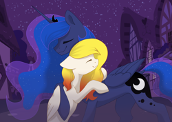 Size: 3510x2480 | Tagged: safe, imported from derpibooru, princess luna, oc, oc:starfyre, alicorn, pegasus, eyes closed, folded wings, house, hug, night, ponyville, stars, wings