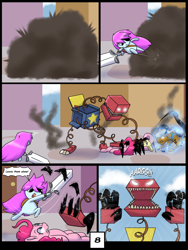 Size: 6000x8000 | Tagged: safe, artist:chedx, imported from derpibooru, fluttershy, pinkie pie, earth pony, pegasus, comic:learning with pibby glitch battles, boxy boo, comic, commission, community related, corrupted, crossover, error, fanfic, fanfic art, g4, glitch, multiverse, pibby, scooby doo, scooby doo (character)