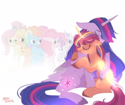 Size: 2048x1723 | Tagged: safe, artist:petaltwinkle, imported from derpibooru, applejack, fluttershy, pinkie pie, rainbow dash, rarity, sunny starscout, twilight sparkle, alicorn, earth pony, pegasus, pony, unicorn, eyes closed, female, floppy ears, g5, hug, mane six, mare, older, older applejack, older fluttershy, older mane six, older pinkie pie, older rainbow dash, older rarity, older twilight, race swap, signature, simple background, sitting, sunny and her heroine, sunnycorn, twilight sparkle (alicorn), white background