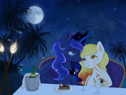 Size: 2000x1500 | Tagged: artist needed, source needed, safe, imported from derpibooru, princess luna, oc, oc:starfyre, alcohol, cake, champagne, couch, date, food, moon, night, palm tree, torch, tree, wine