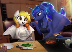 Size: 2048x1493 | Tagged: safe, imported from derpibooru, princess luna, oc, oc:starfyre, alicorn, pegasus, cooking, feeding, frying pan, kitchen, kitchen knife, open mouth, plate, spread wings, stove, wings