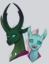 Size: 2183x2844 | Tagged: safe, artist:riveraux, imported from derpibooru, ocellus, thorax, changedling, changeling, alternate design, bust, duo, duo male and female, female, gray background, king thorax, looking at you, male, open mouth, open smile, simple background, smiling, smiling at you