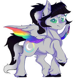 Size: 2000x2000 | Tagged: safe, artist:dankpegasista, derpibooru exclusive, imported from derpibooru, oc, oc only, oc:lunar dash, pegasus, pony, derpibooru community collaboration, 2024 community collab, bangs, black and white mane, cel shading, colored eyelashes, colored lineart, colored pupils, colored wings, cross, digital art, ear fluff, ear piercing, eyebrows, faded cutie mark, feathered wings, female, full body, fully shaded, green eyes, grey fur, heart, heart eyes, high res, highlights, jewelry, krita, long eyelashes, long mane, long tail, looking at you, mare, multicolored wings, pegasus oc, piercing, png, ponytail, posing for photo, rainbow wings, raised hoof, shading, shiny mane, simple background, smiling, smiling at you, soft shading, solo, spread wings, standing, sternocleidomastoid, tail, tattoo, three quarter view, transparent background, unshorn fetlocks, wall of tags, wingding eyes, wings