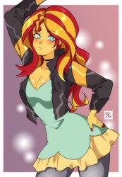 Size: 1494x2160 | Tagged: safe, artist:dezmi, imported from derpibooru, sunset shimmer, equestria girls, breasts, choker, cleavage, ear piercing, female, hand on hip, looking at you, piercing, solo