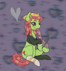 Size: 1867x2000 | Tagged: safe, artist:magpiegoblin, imported from derpibooru, tree hugger, earth pony, pony, bong, clothes, commission, drugs, ear fluff, female, heart, high, mare, marijuana, mismatched socks, shirt, sitting, smoke, smoking, socks, solo, striped socks, ych result