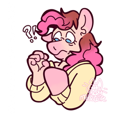 Size: 2007x1835 | Tagged: safe, artist:catponything, imported from derpibooru, pinkie pie, anthro, earth pony, human, bust, clothes, confused, exclamation point, female, g4, hooves, interrobang, looking down, question mark, shirt, simple background, solo, surprised, transformation, white background