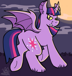 Size: 1211x1280 | Tagged: safe, artist:catponything, imported from derpibooru, twilight sparkle, alicorn, bat pony, bat pony alicorn, pony, bat wings, butt, cloud, colored sclera, commission, fangs, female, g4, grass, horn, looking at you, looking back, looking back at you, mare, moon, night, outdoors, plot, raised hoof, raised leg, rear view, signature, slit pupils, smiling, solo, spread wings, tail, underhoof, wings, ych example, yellow sclera, your character here