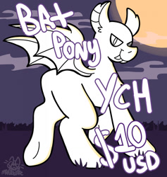 Size: 1211x1280 | Tagged: safe, artist:catponything, imported from derpibooru, bat pony, pony, butt, cloud, commission, fangs, grass, looking at you, looking back, looking back at you, moon, night, outdoors, plot, raised hoof, raised leg, rear view, signature, slit pupils, smiling, solo, spread wings, text, underhoof, wings, your character here