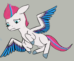 Size: 1890x1575 | Tagged: safe, anonymous artist, derpibooru exclusive, imported from derpibooru, zipp storm, pegasus, pony, colored sketch, floppy ears, flying, g5, looking down, simple background, sketch, solo, spread wings, wings, worried