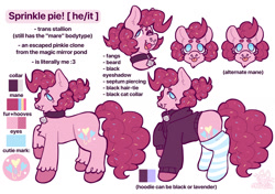 Size: 1280x899 | Tagged: safe, artist:catponything, imported from derpibooru, pinkie pie, oc, oc:sprinkle pie, earth pony, pony, bell, bell collar, clone, clothes, collar, eyeshadow, facial hair, fangs, food, goatee, hoodie, kinsona, makeup, male, nose piercing, open mouth, open smile, piercing, pinkie clone, ponysona, raised hoof, reference sheet, septum piercing, smiling, socks, solo, sprinkles, stallion, striped socks, tail, tongue out, trans male, transgender, unshorn fetlocks