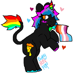 Size: 610x614 | Tagged: safe, artist:jackrabbit, imported from derpibooru, oc, oc only, oc:piza blitz, unicorn, blushing, cutie mark, feral, food, lesbian pride flag, multicolored hair, pizza, pride, pride flag, pride ponies, rainbow, signature, solo, transgender, transgender oc, transgender pride flag