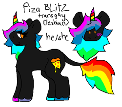 Size: 857x754 | Tagged: safe, artist:jackrabbit, imported from derpibooru, oc, oc only, oc:piza blitz, unicorn, cutie mark, feral, food, hooves, name, pizza, pronouns, rainbow, solo transgender, tail, transgender, transwoman