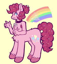 Size: 1142x1280 | Tagged: safe, artist:catponything, imported from derpibooru, pinkie pie, oc, oc:sprinkle pie, centaur, earth pony, taur, armpit hair, bell, bell collar, clone, collar, food, kinsona, looking at you, male, nipples, nose piercing, nudity, piercing, pinkie clone, rainbow, raised hand, scar, septum piercing, signature, smiling, solo, sprinkles, stallion, surgery scar, tail, top scars, trans male, transgender, unshorn fetlocks, waving, waving at you