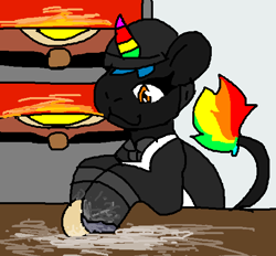 Size: 528x490 | Tagged: safe, artist:jackrabbit, imported from derpibooru, oc, oc:piza blitz, pony, background, clothes, cooking, dough, eyelashes, feral, food, gloves, kneading, oven, pizza, pizza oven, smiling, solo, solo transgender, transwoman