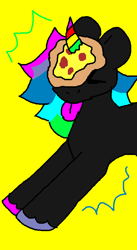 Size: 406x742 | Tagged: safe, artist:jackrabbit, imported from derpibooru, oc, oc:piza blitz, pony, unicorn, :p, feral, food, hooves, ms paint, pizza, rainbow, simple background, tongue out, yellow background