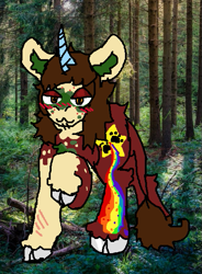 Size: 467x634 | Tagged: safe, artist:jackrabbit, imported from derpibooru, oc, oc only, unicorn, blushing, cutie mark, feral, forest, hooves, nature, paw pads, rainbow, real life background, scar, tree, walking