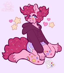 Size: 1122x1280 | Tagged: safe, artist:catponything, imported from derpibooru, pinkie pie, oc, oc:sprinkle pie, anthro, earth pony, unguligrade anthro, bandaid, bandaid on nose, chest fluff, clone, clothes, eyeshadow, facial hair, floating heart, food, goatee, heart, hoodie, kinsona, lidded eyes, looking at you, makeup, male, nose piercing, piercing, pinkie clone, septum piercing, shorts, signature, simple background, sitting, smiling, smiling at you, solo, sprinkles, stallion, stars, tail, trans male, transgender