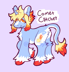 Size: 1228x1280 | Tagged: safe, artist:catponything, imported from derpibooru, oc, oc only, oc:comet catcher, classical unicorn, pony, unicorn, adoptable, butt fluff, chest fluff, cloven hooves, colored hooves, fangs, freckles, horn, leonine tail, looking at you, purple background, raised hoof, signature, simple background, smiling, solo, tail, unshorn fetlocks