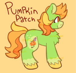 Size: 1045x1000 | Tagged: safe, artist:catponything, imported from derpibooru, oc, oc only, oc:pumpkin patch, pony, adoptable, chest fluff, orange background, signature, simple background, smiling, solo, tail, unshorn fetlocks, watermark