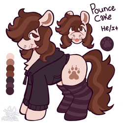Size: 1280x1280 | Tagged: safe, alternate version, artist:catponything, imported from derpibooru, oc, oc only, oc:pounce, earth pony, pony, chest fluff, clothes, hoodie, male, nose piercing, paw socks, piercing, ponysona, reference sheet, septum piercing, smiling, socks, stallion, striped socks, tail, tongue out, trans male, transgender