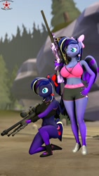 Size: 1080x1920 | Tagged: safe, artist:krasny noctali, oc, oc only, oc:woona sparkle, anthro, 3d, breasts, clothes, duo, duo female, female, gun, weapon