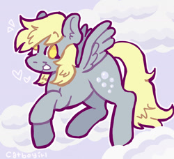 Size: 1280x1166 | Tagged: safe, artist:catponything, imported from derpibooru, derpy hooves, pegasus, pony, cloud, female, floating heart, g4, heart, mare, on a cloud, open mouth, open smile, signature, sky, smiling, solo, spread wings, tail, wings