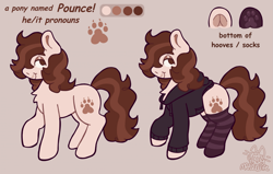 Size: 2403x1533 | Tagged: safe, artist:catponything, imported from derpibooru, oc, oc only, oc:pounce, earth pony, pony, chest fluff, clothes, hoodie, lidded eyes, male, nose piercing, paw socks, piercing, ponysona, raised hoof, reference sheet, septum piercing, socks, solo, stallion, striped socks, tail, trans male, transgender, underhoof