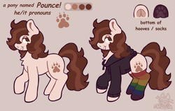 Size: 2403x1533 | Tagged: safe, alternate version, artist:catponything, imported from derpibooru, oc, oc only, oc:pounce, earth pony, pony, chest fluff, clothes, hoodie, lidded eyes, male, nose piercing, paw socks, piercing, ponysona, rainbow socks, raised hoof, reference sheet, septum piercing, socks, solo, stallion, striped socks, tail, trans male, transgender, underhoof