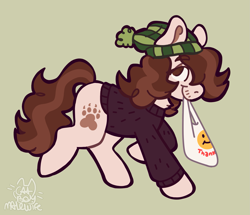 Size: 1949x1676 | Tagged: safe, artist:catponything, imported from derpibooru, oc, oc only, oc:pounce, earth pony, pony, bag, clothes, green background, hat, lidded eyes, male, mouth hold, ponysona, raised hoof, raised leg, simple background, smiling, solo, stallion, sweater, tail, trans male, transgender, winter hat