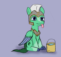 Size: 1890x1757 | Tagged: safe, anonymous artist, imported from derpibooru, pegasus, pony, bucket of water, colored sketch, g5, helmet, male, pegasus royal guard, royal guard, sitting, sketch, solo, stallion, thunder flap, tongue out