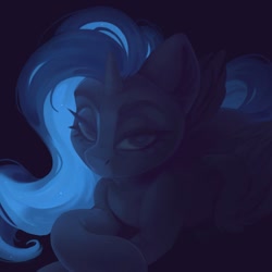 Size: 1200x1200 | Tagged: safe, artist:amishy, imported from derpibooru, princess luna, alicorn, pony, female, g4, glowing mane, lidded eyes, looking at you, lying down, mare, prone, solo